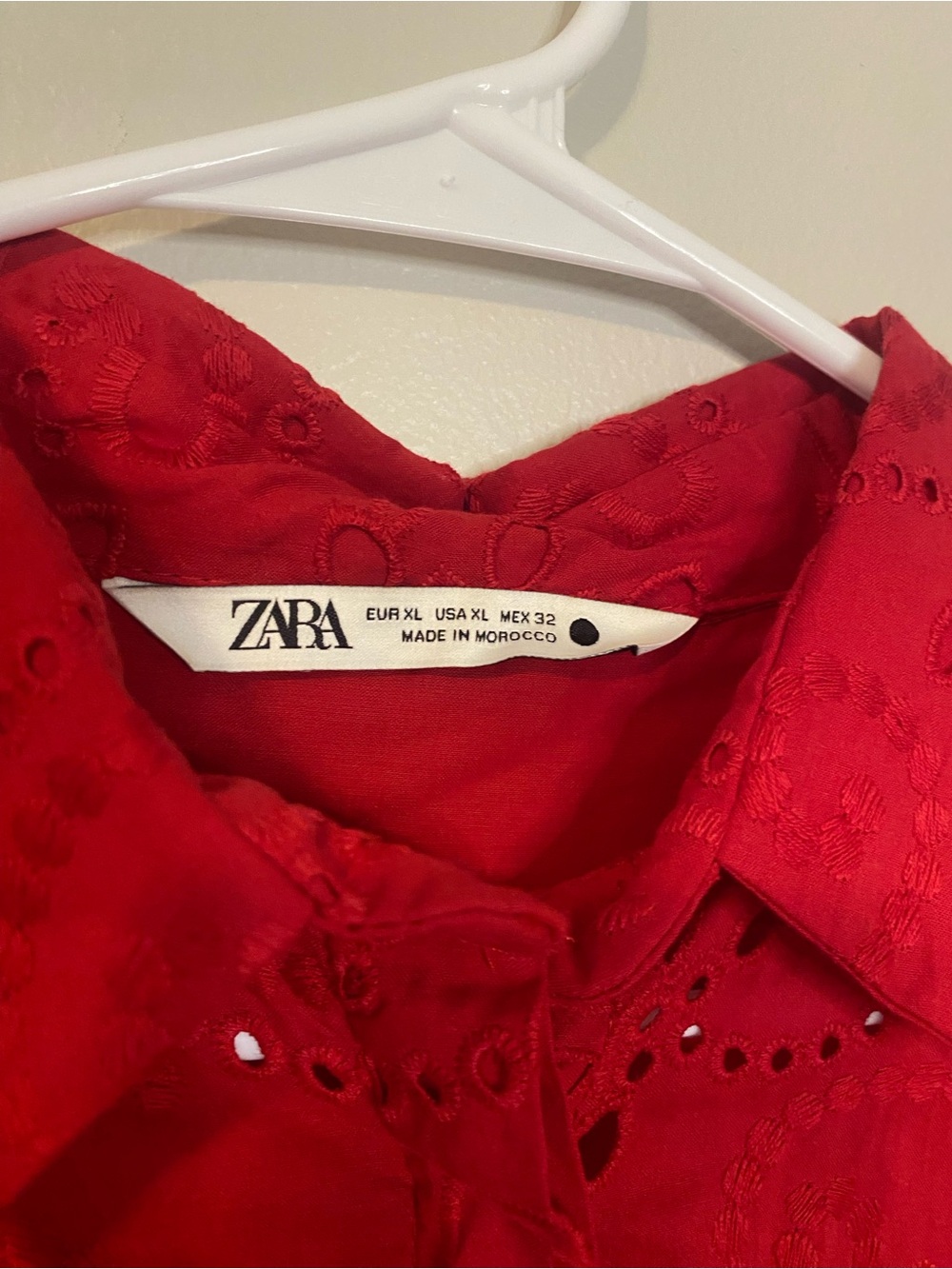 Zara ZW Collection Embroidered Poplin Shirt Red Eyelet Cutwork XL 8005/916 - Picture 6 of 10